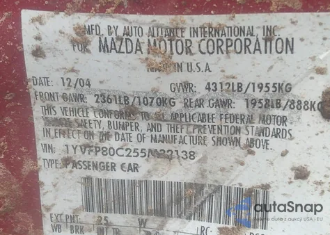 2005 Mazda Mazda6 I Base z USA, uszkodzony, nr VIN 1YVFP80C255M32138